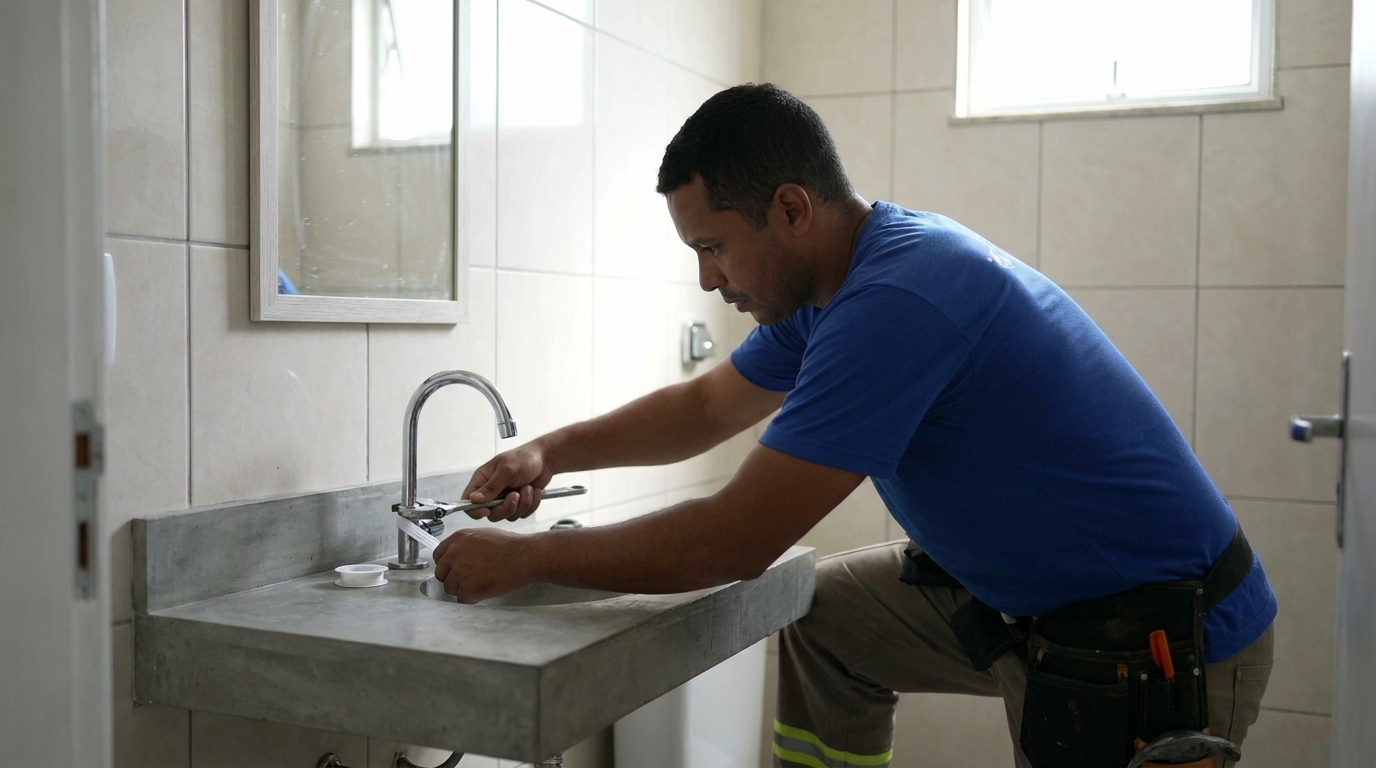 Encanador instalando torneira em Franca‑SP